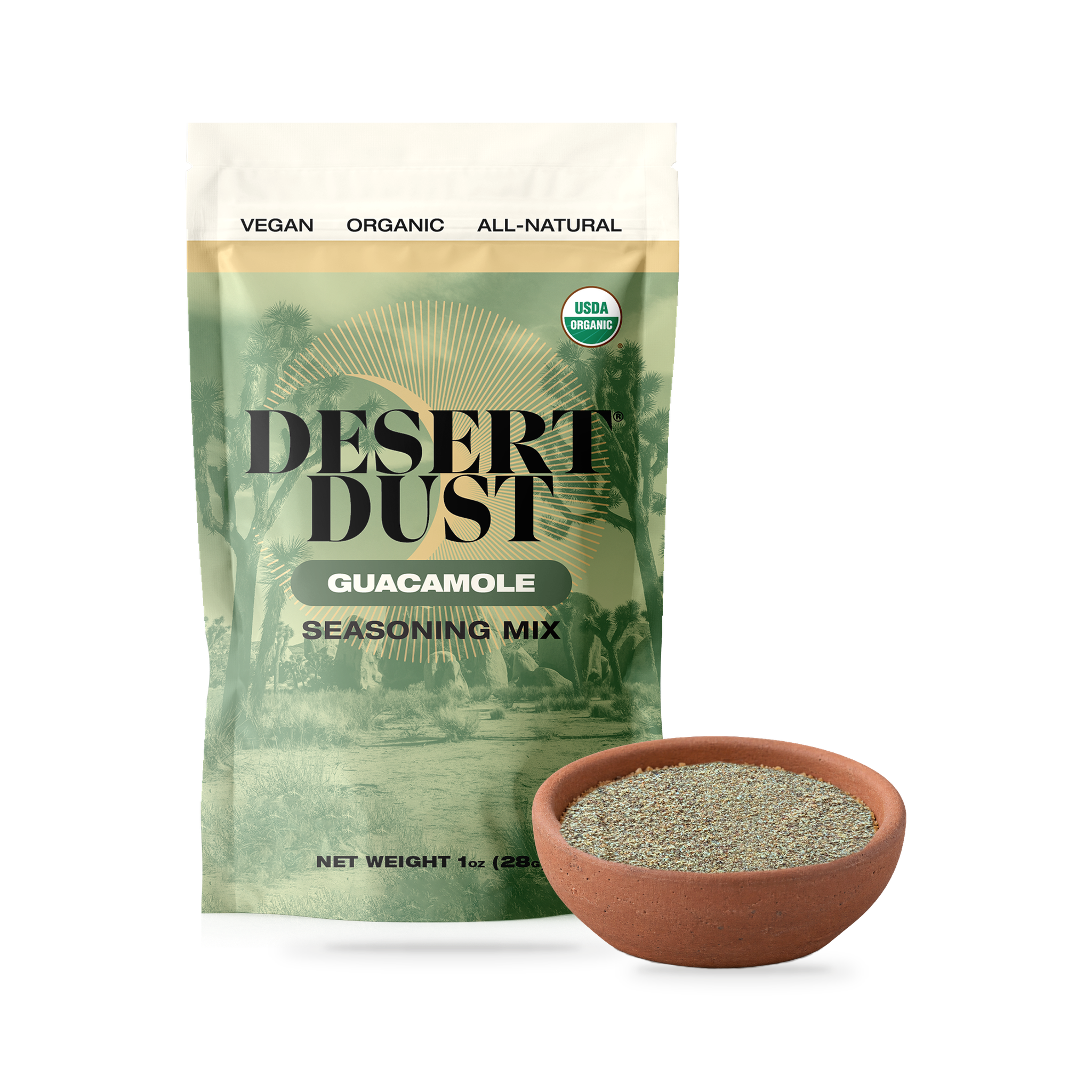Desert Dust Guacamole Seasoning 6 Pack beside a bowl of seasoning