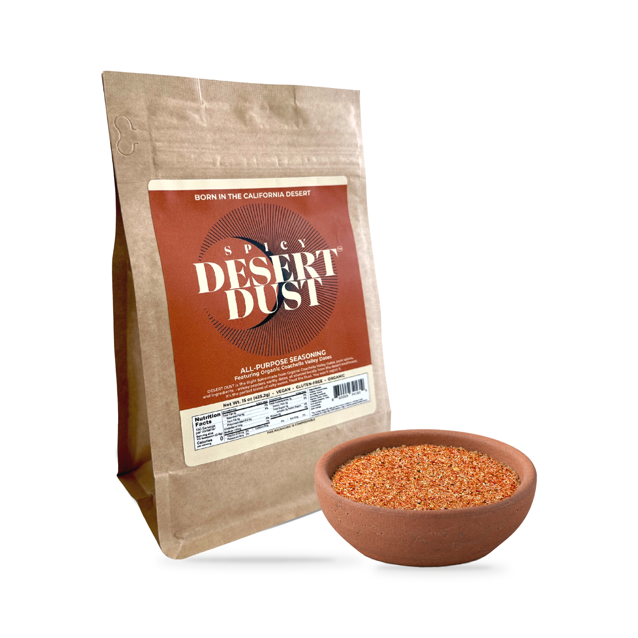 Spicy Desert Dust 16 oz Refill Bag beside a bowl of seasoning