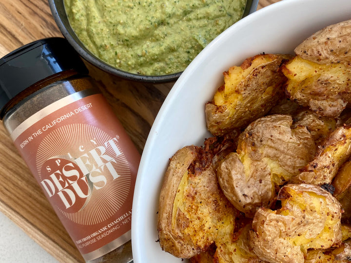Spicy Smashed Potatoes with Green Sauce