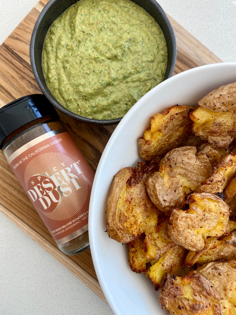 Spicy Smashed Potatoes with Green Sauce