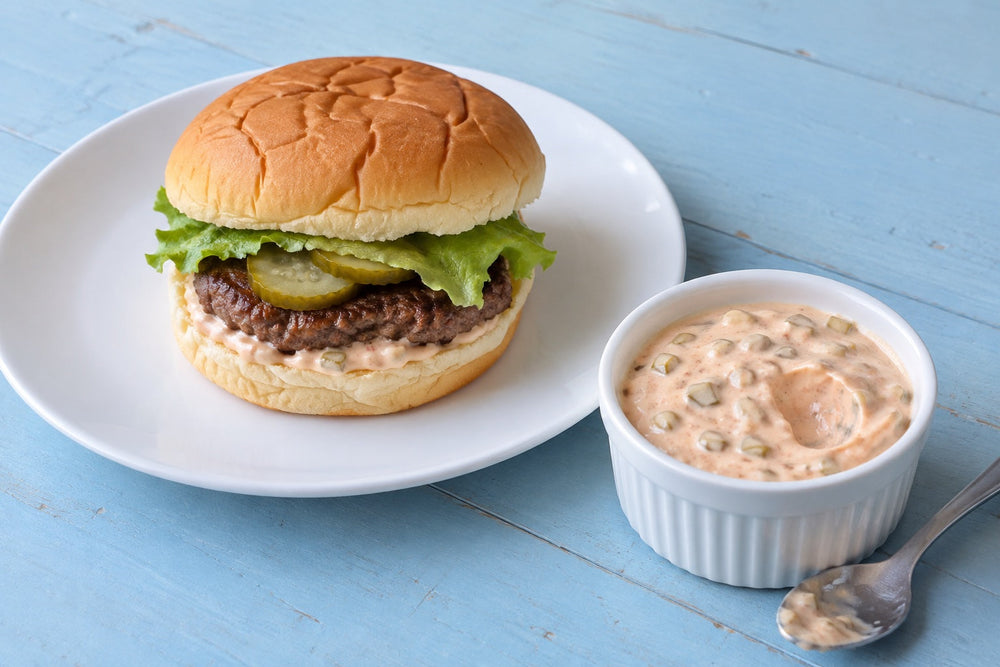 Homemade burger with a modest spread of pickle-flecked burger sauce, beside a small white ramekin on a pale blue table.
