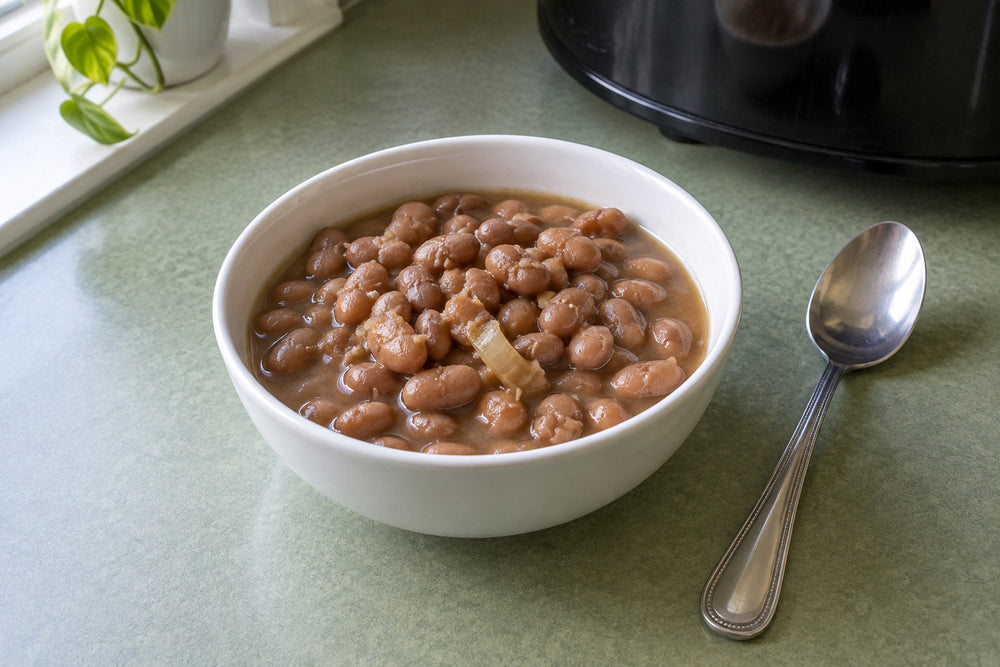Tender pinto beans with onion and light broth in a white bowl on a sage-green kitchen counter.