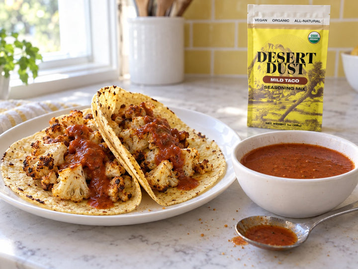 Smooth red taco sauce in a white bowl beside cauliflower tacos and a yellow Mild Taco Dust pouch.