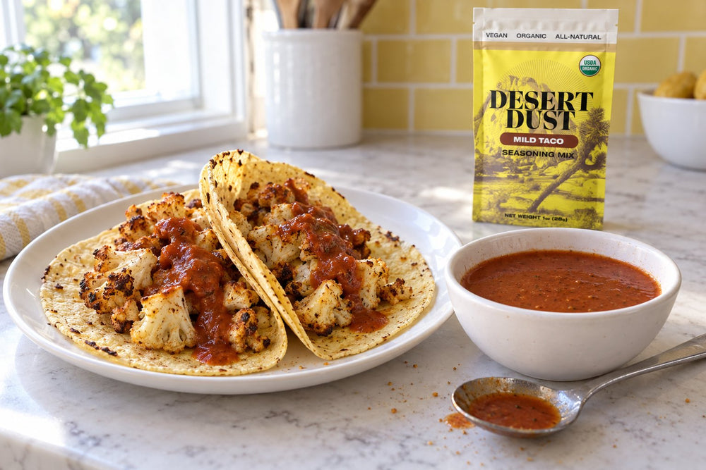 Smooth red taco sauce in a white bowl beside cauliflower tacos and a yellow Mild Taco Dust pouch.