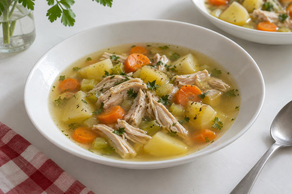 Chicken potato soup with shredded chicken, potatoes, carrot, celery and parsley in a white bowl.
