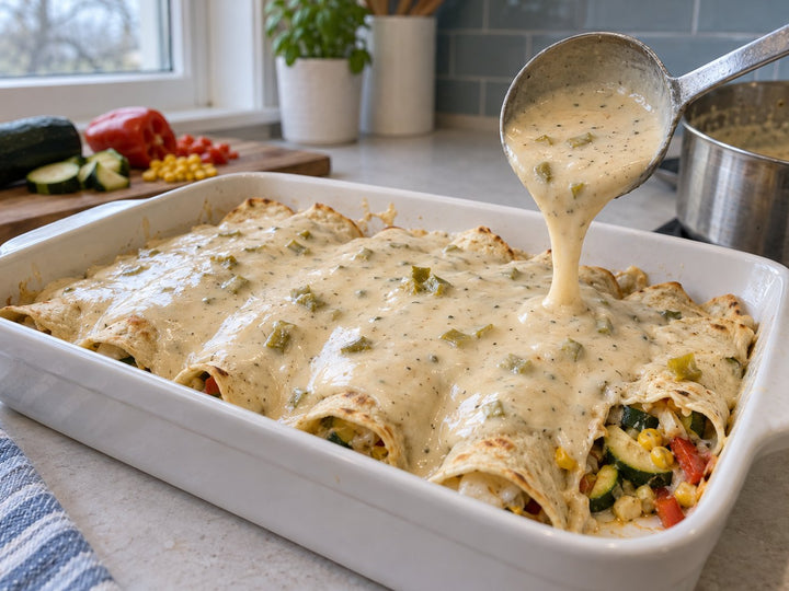 Ivory white enchilada sauce with green chile pieces ladled over vegetable-filled tortillas.