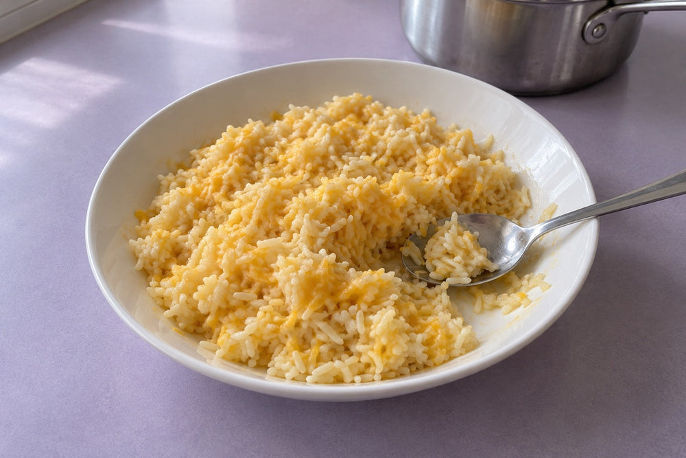 Cheddar-coated rice with distinct grains in a shallow white dish on a pale-lavender tabletop.