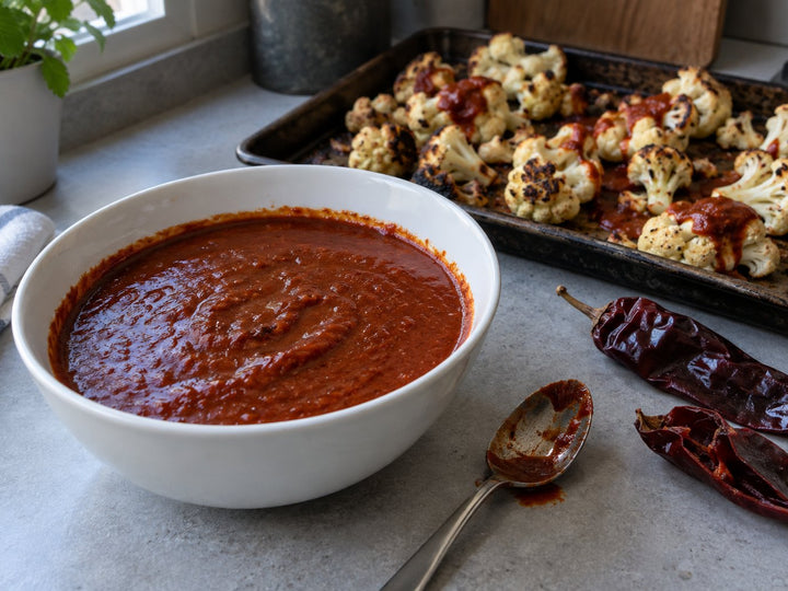 Brick-red guajillo sauce in a white bowl beside roasted cauliflower and dried guajillo chiles.