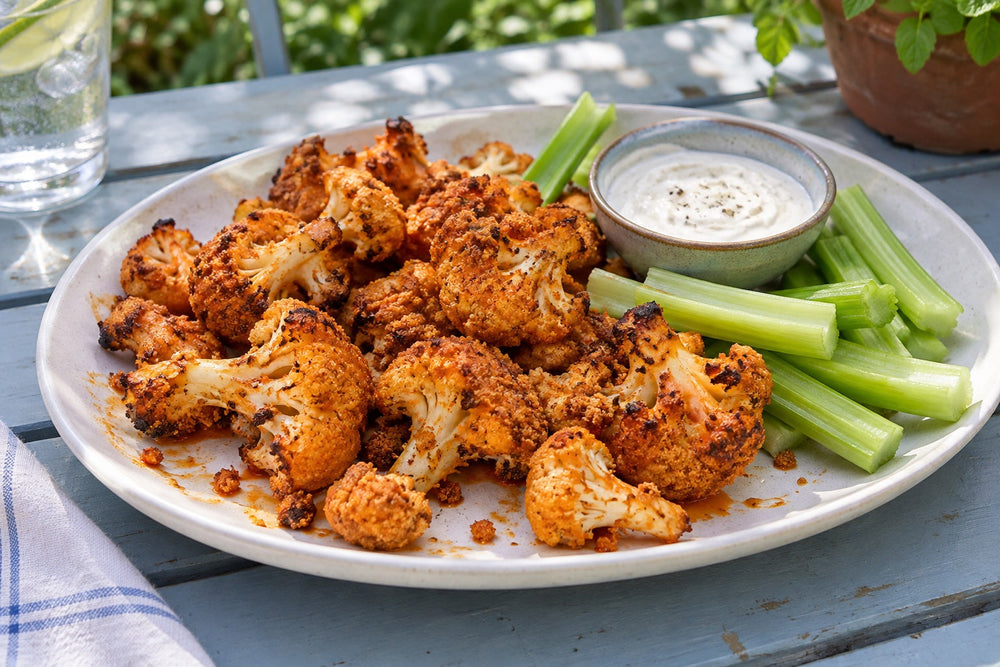 Buffalo cauliflower with celery and dip on a backyard table