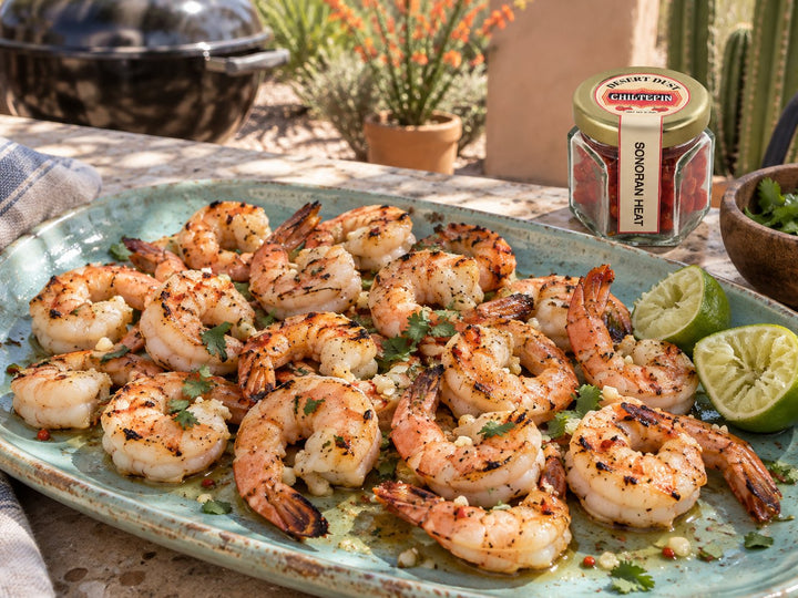 Grilled shrimp with Chiltepin, garlic and lime on a backyard patio with the Desert Dust Chiltepin jar