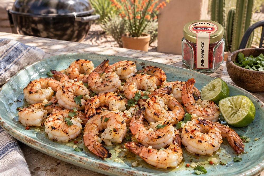 Grilled shrimp with Chiltepin, garlic and lime on a backyard patio with the Desert Dust Chiltepin jar