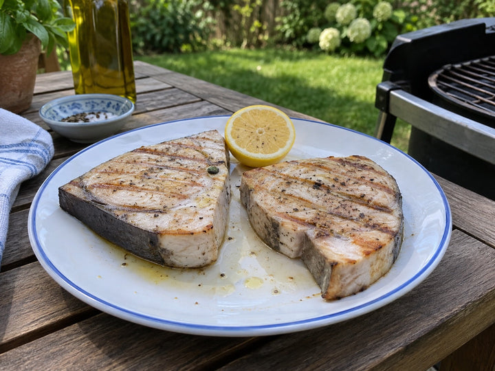 Grilled swordfish steaks with lemon on a backyard table