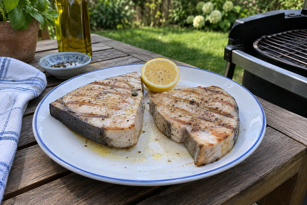 Grilled swordfish steaks with lemon on a backyard table