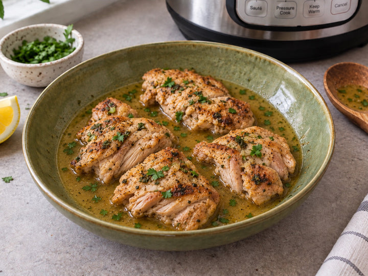 Skinless Instant Pot chicken thighs with pan juices and parsley