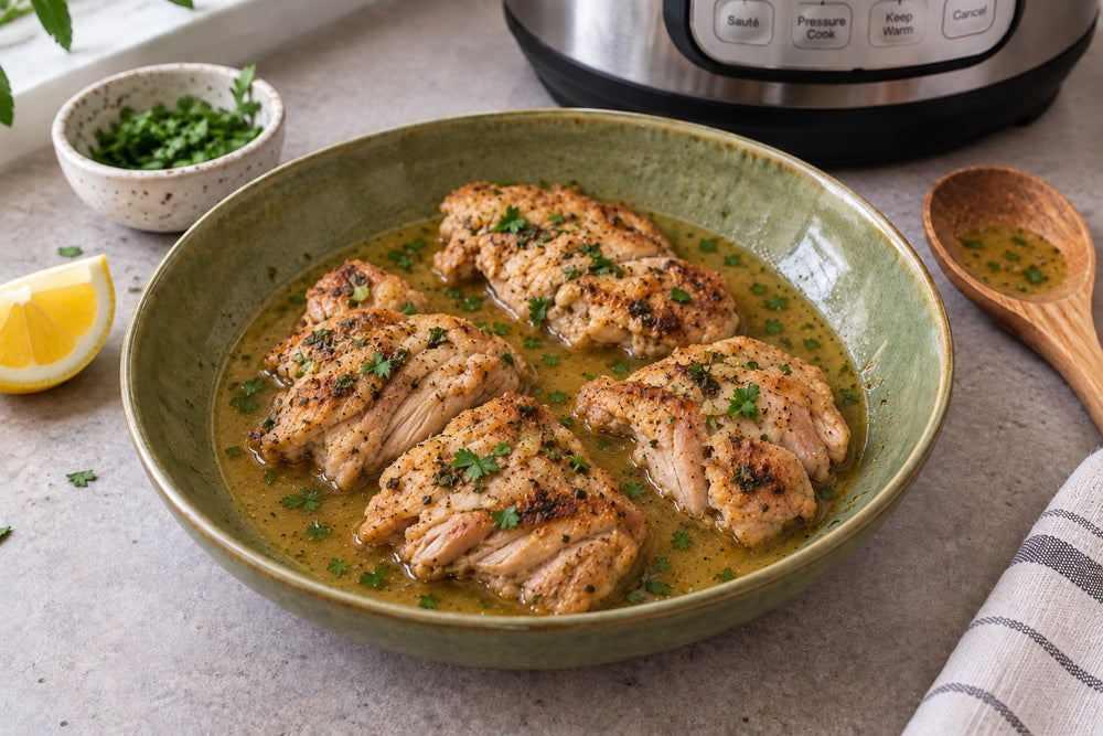 Skinless Instant Pot chicken thighs with pan juices and parsley