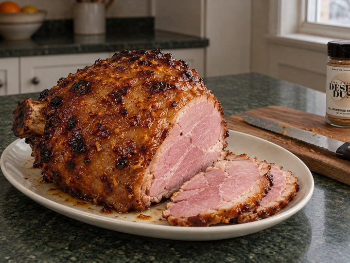 Orange-mustard glazed Christmas ham with two carved slices and Original Desert Dust