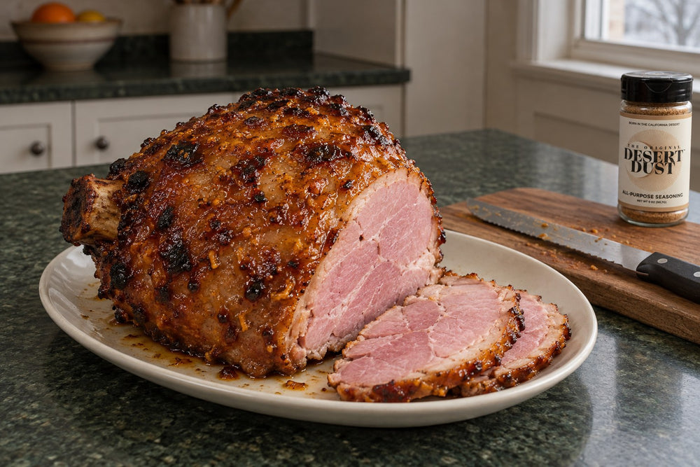 Orange-mustard glazed Christmas ham with two carved slices and Original Desert Dust