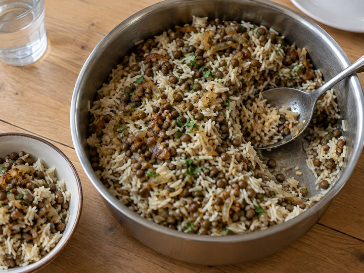 Lentils and rice with browned onions served from a saucepan