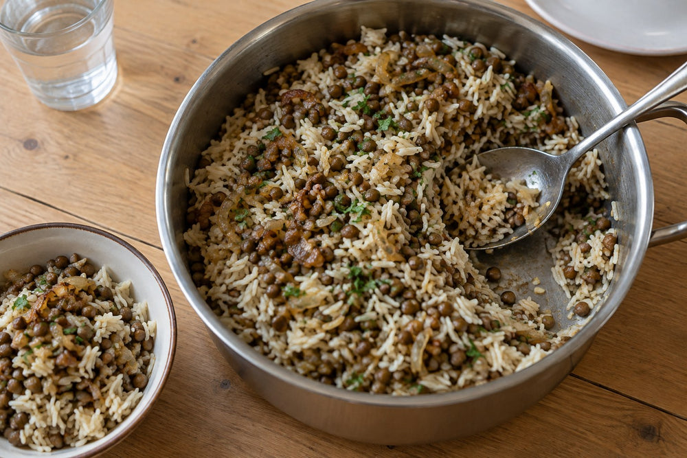 Lentils and rice with browned onions served from a saucepan