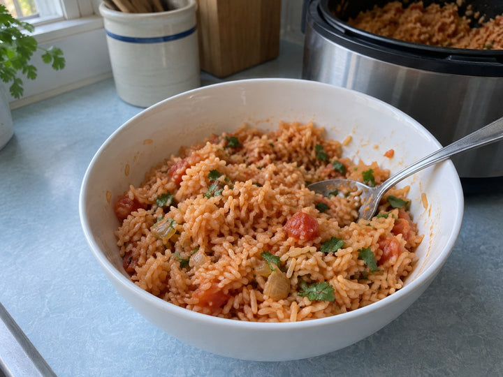 Homemade Mexican rice in a white bowl beside a rice cooker on a blue kitchen counter
