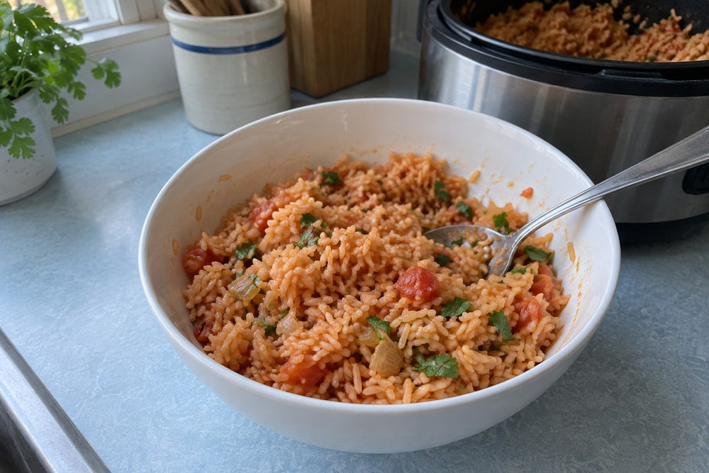 Homemade Mexican rice in a white bowl beside a rice cooker on a blue kitchen counter