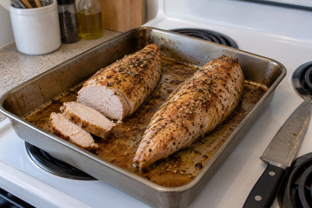 Partly sliced roasted turkey tenderloins in a metal roasting pan