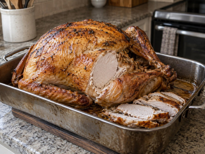 Home-roasted Thanksgiving turkey partly carved in its roasting tin
