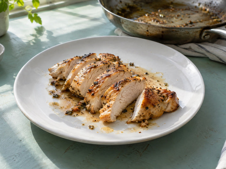 Sliced pan seared chicken breast with a little lemon-butter pan sauce on a white plate.
