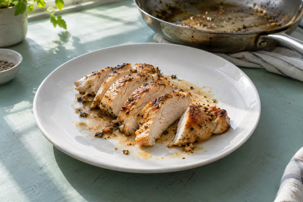 Sliced pan seared chicken breast with a little lemon-butter pan sauce on a white plate.