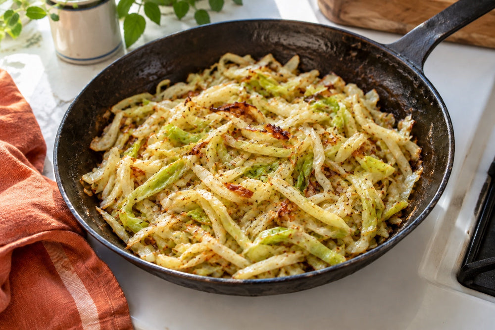 Thin sauteed cabbage ribbons with browned edges in a black skillet.