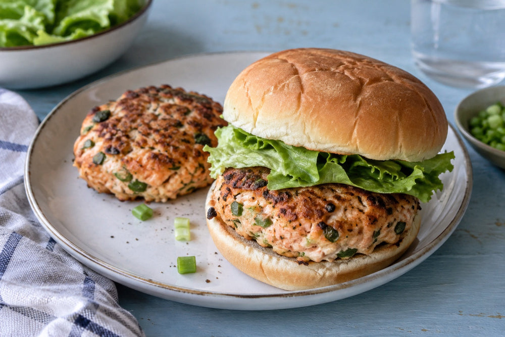 Homemade salmon burger with lettuce in a soft bun, with another cooked salmon patty alongside.