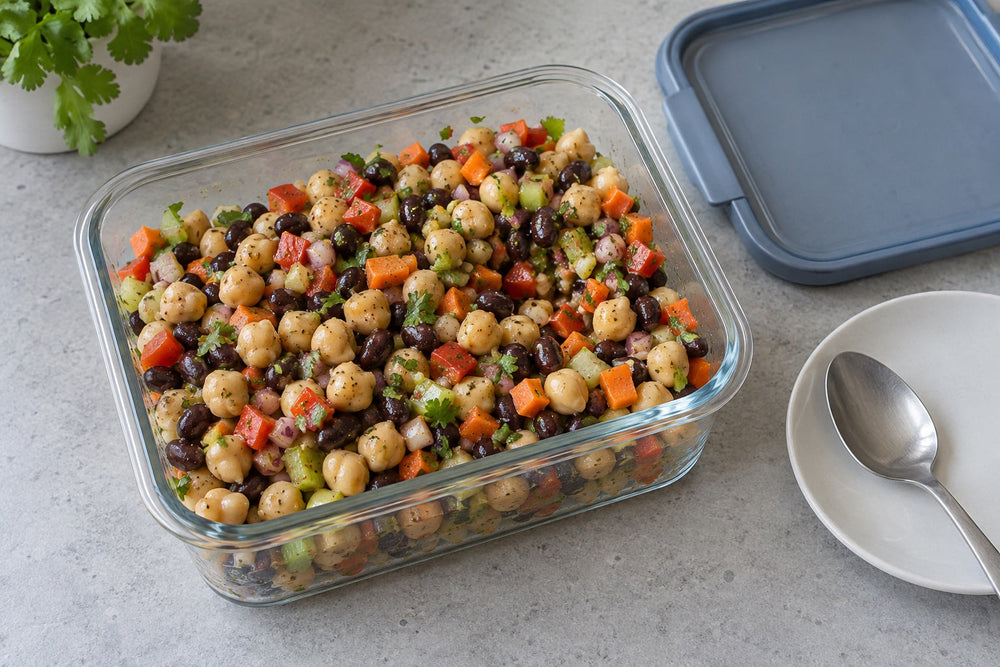 Dense bean salad with chickpeas, black beans, red pepper, celery, carrot, red onion and cilantro.