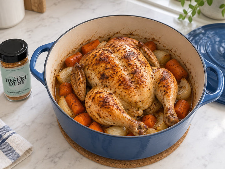 A browned whole roast chicken with carrots and onion in a blue Dutch oven beside a Savory Desert Dust jar.