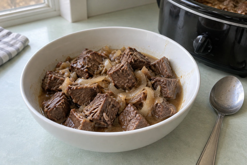 Tender braised chuck beef bites with onion and light brown gravy in a small white bowl beside a slow cooker.