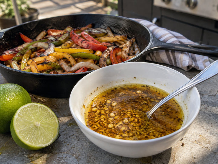 Lime and spice fajita marinade beside a skillet of cooked peppers and onions.