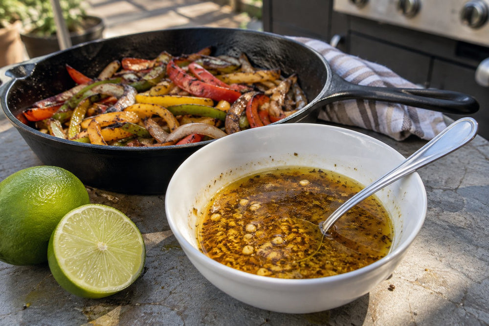 Lime and spice fajita marinade beside a skillet of cooked peppers and onions.
