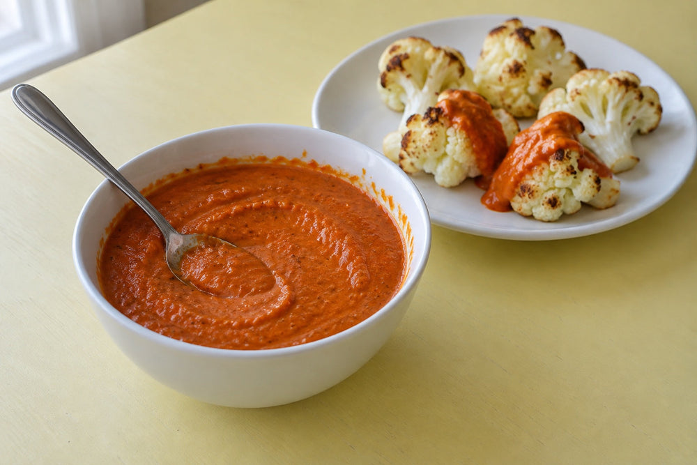 Smooth roasted red pepper sauce in a small white bowl beside roasted cauliflower with a spoonful of sauce.