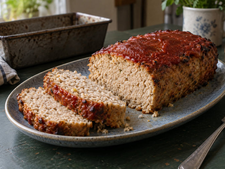 Homemade chicken meatloaf with a thin ketchup glaze and two tender slices on a platter.