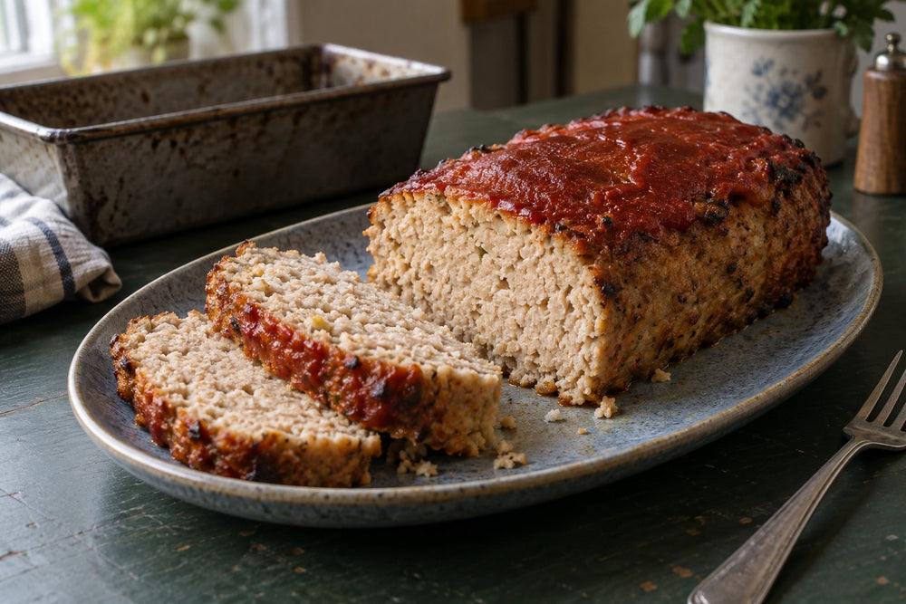 Homemade chicken meatloaf with a thin ketchup glaze and two tender slices on a platter.