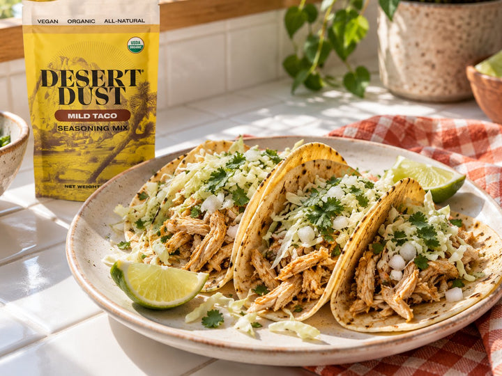 Soft corn tacos filled with shredded rotisserie chicken, cabbage, onion and cilantro.