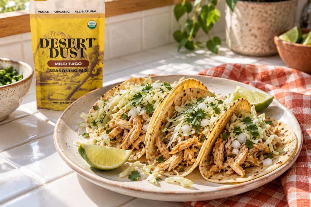 Soft corn tacos filled with shredded rotisserie chicken, cabbage, onion and cilantro.