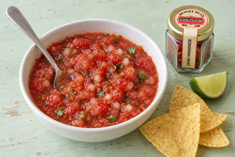 Fresh tomato Chiltepin salsa in a white bowl beside corn chips and the small Desert Dust Chiltepin jar.