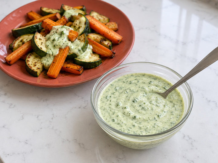 Pale green cilantro lime yogurt sauce spooned over roasted zucchini and carrots, with a small bowl of sauce alongside.