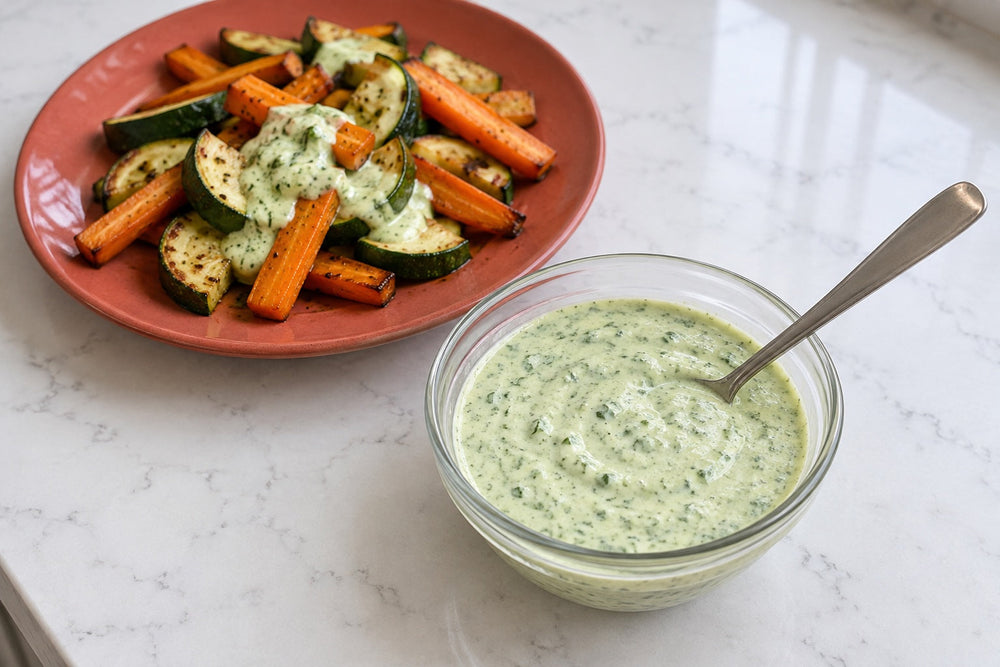 Pale green cilantro lime yogurt sauce spooned over roasted zucchini and carrots, with a small bowl of sauce alongside.