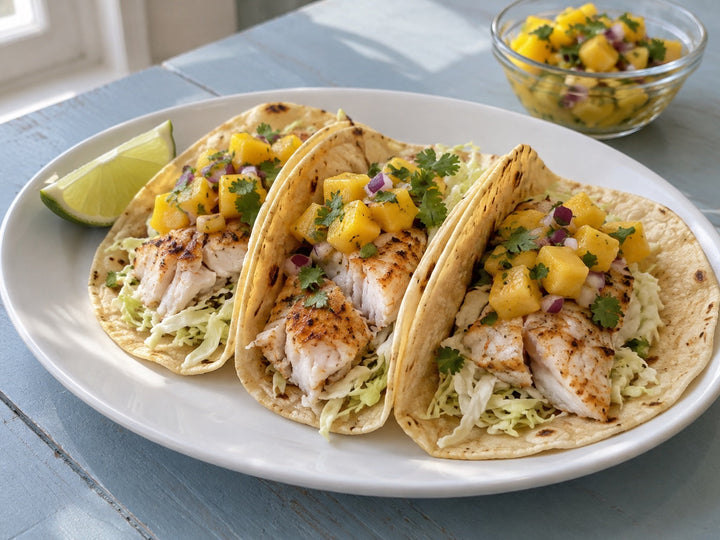 Soft corn tacos filled with flaky seasoned cod, shredded green cabbage and mango salsa with red onion and cilantro.