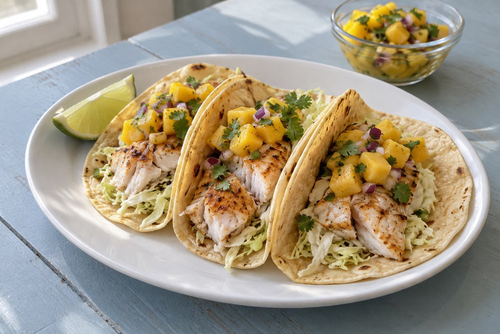 Soft corn tacos filled with flaky seasoned cod, shredded green cabbage and mango salsa with red onion and cilantro.
