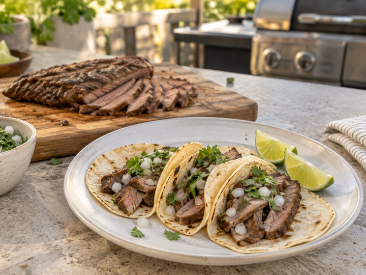Grilled flank steak tacos with onion, cilantro and lime beside a carving board and grill.
