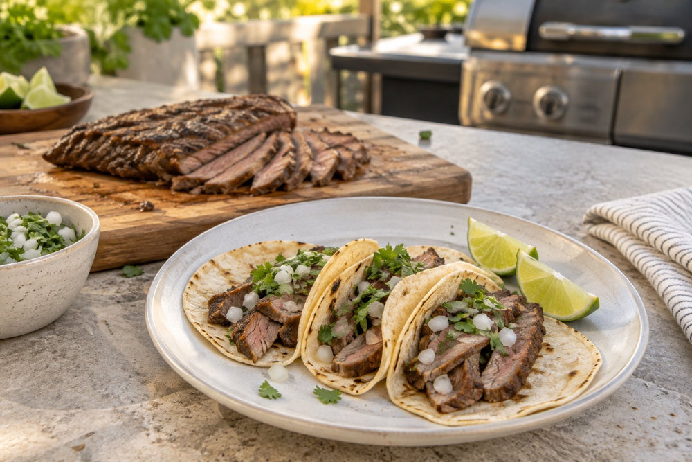 Grilled flank steak tacos with onion, cilantro and lime beside a carving board and grill.