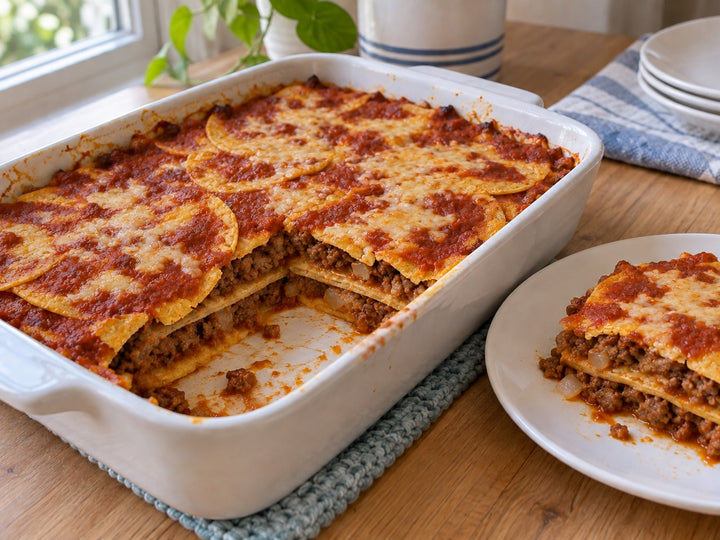 A homemade beef enchilada bake with corn tortilla layers, red sauce and browned cheese in a white baking dish, with a square portion served beside it.
