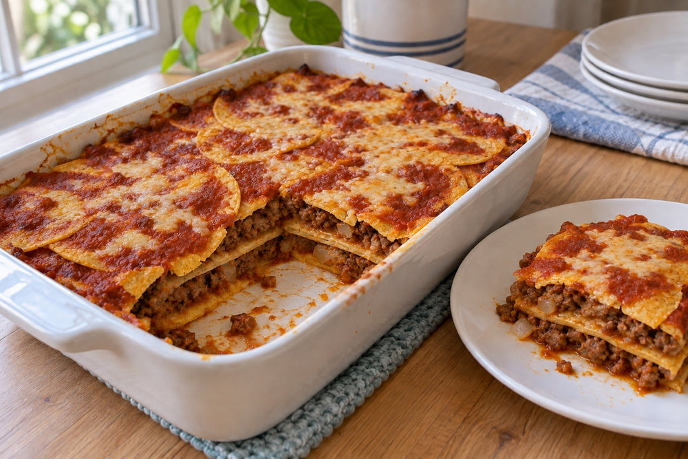 A homemade beef enchilada bake with corn tortilla layers, red sauce and browned cheese in a white baking dish, with a square portion served beside it.